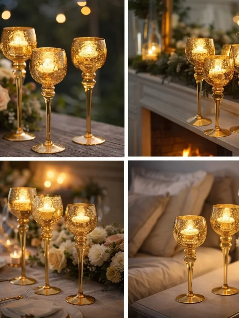 Set of 3 Crackle Gold Glass Tealight Holders